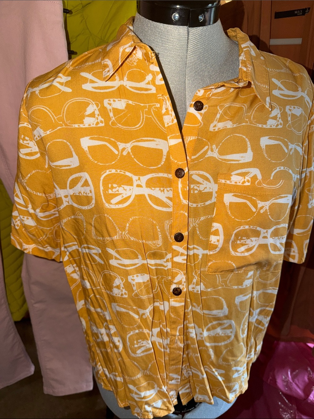 Love Notes Yellow Button-Down Shirt with White Sunglasses Print